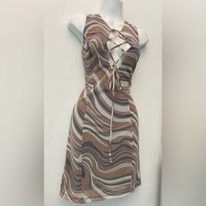 FOREVER 21 M Taupe Multicolor Mesh Sheath Dress Lace Up V-Neck Sleeveless